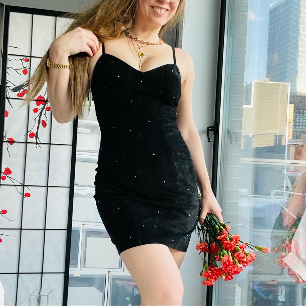 VTG Firenze Santa Barbara Little Black Suede Leather Cami Crystals Dress M